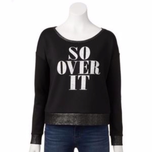 ROCK & REPUBLIC Sweatshirt Top Cropped Scuba Graphic “So Over It” Black Large - Picture 1 of 2